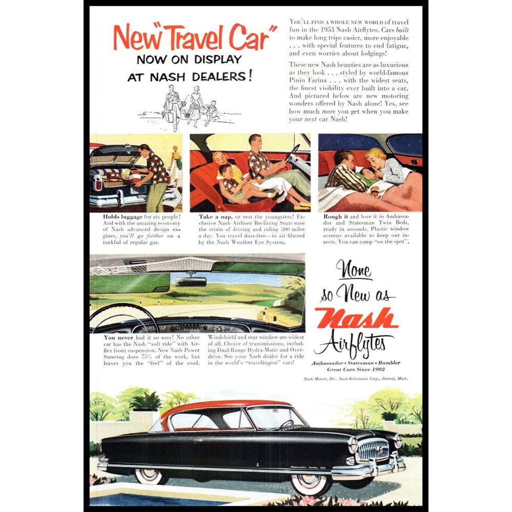 1953 Nash Ambassador Coupe Airflytes Vintage Print Ad Family Vacation Wall Art